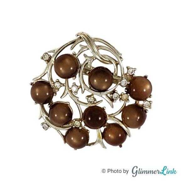 Vintage Coro Brown Lucite Moonstone Cabochons Rhinestones Gold Tone Brooch - Picture 2 of 9